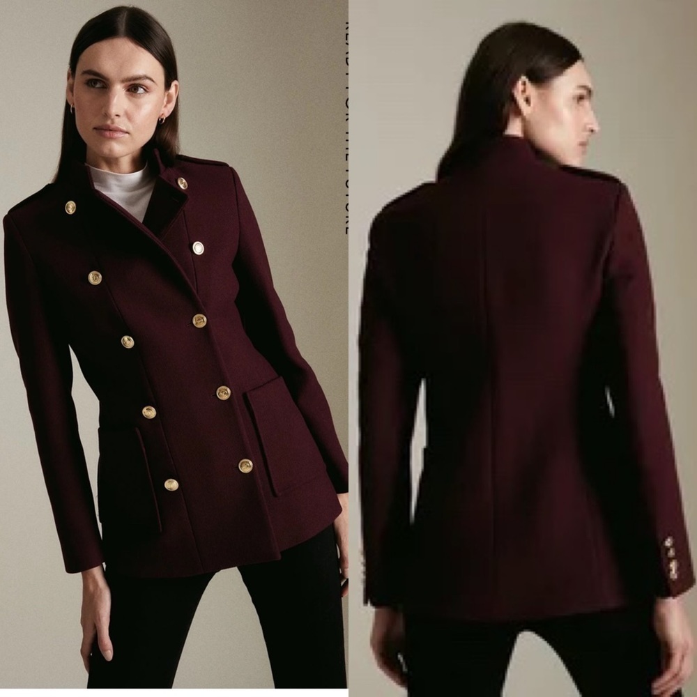 NWT Karen Millen Sz 6 Italian Virgin Wool Military Short Coat AKK05776 Wine Red